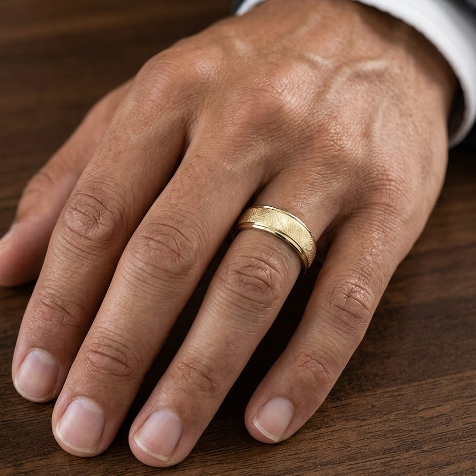 6.5mm Round Edge Swirl Finish Carved Wedding Band in 14K Yellow Gold, worn on hand, masculine close-up