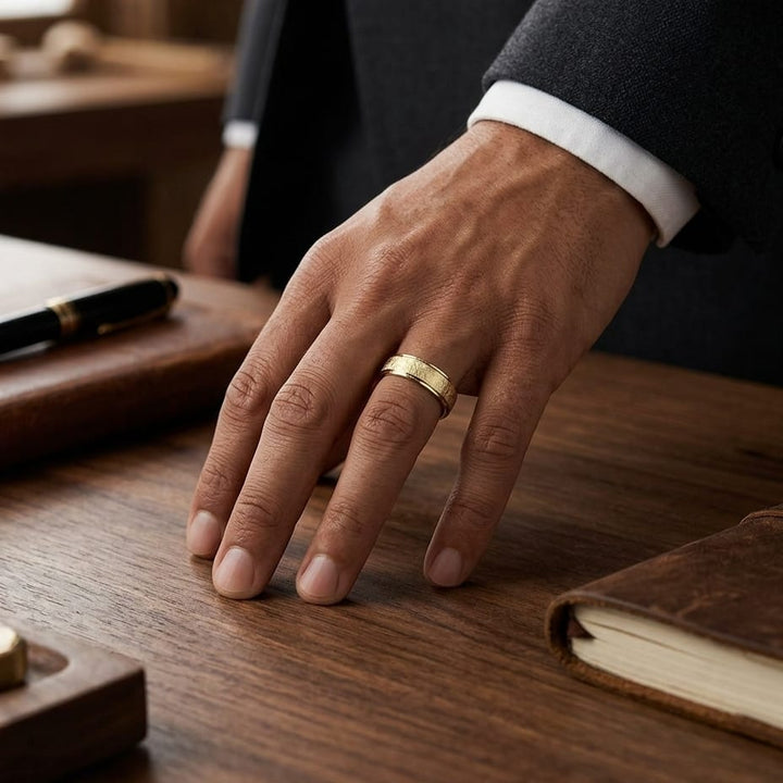 6.5mm Round Edge Swirl Finish Carved Wedding Band in 14K Yellow Gold, worn on hand, masculine full view