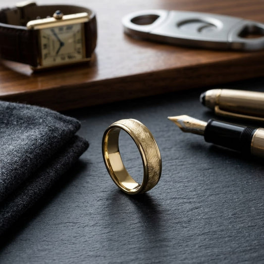 6.5mm Round Edge Swirl Finish Carved Wedding Band in 14K Yellow Gold, on walnut surface with pocket square