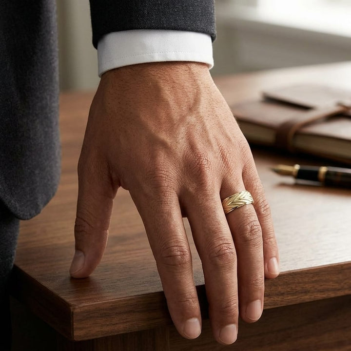 7mm Comfort-Fit Wedding Band in 14K Yellow Gold, worn on hand, masculine full view