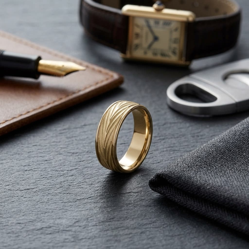 7mm Comfort-Fit Wedding Band in 14K Yellow Gold, on walnut surface with pocket square