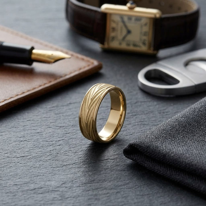 7mm Comfort-Fit Wedding Band in 14K Yellow Gold, on walnut surface with pocket square