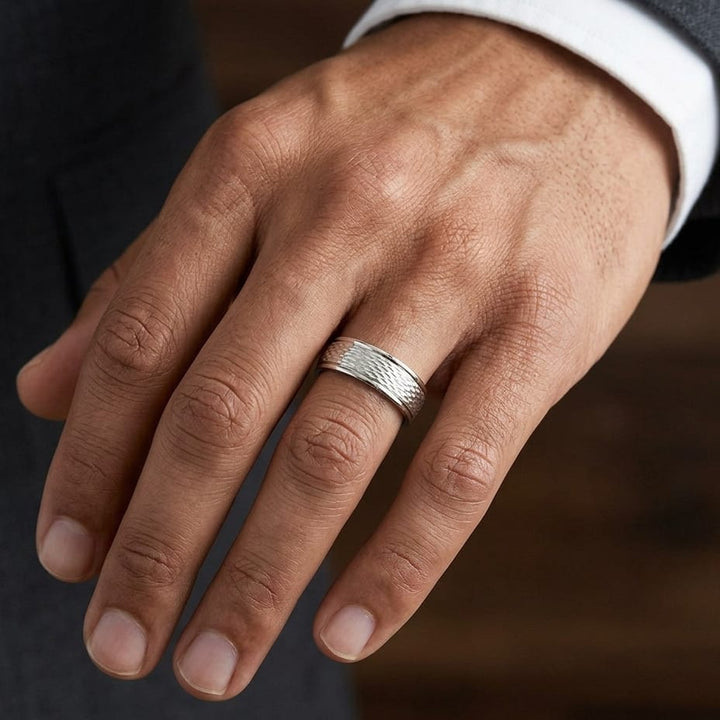7.5mm Round Edge Mesh Center Carved Wedding Band in 14K Yellow Gold, worn on hand, masculine close-up