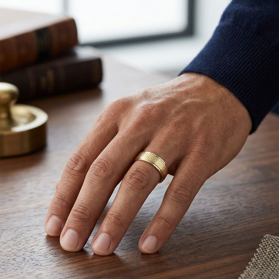 7.5mm Round Edge Mesh Center Carved Wedding Band in 14K Yellow Gold, worn on hand, masculine full view