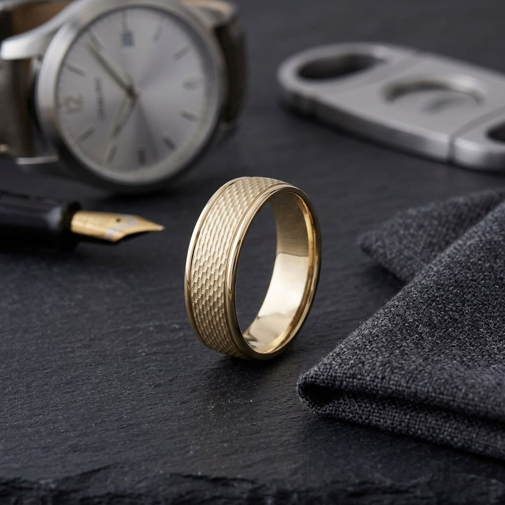 7.5mm Round Edge Mesh Center Carved Wedding Band in 14K Yellow Gold, on walnut surface with pocket square
