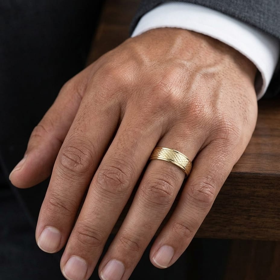 4.5mm Round Edge Mesh Center Carved Wedding Band in 14K Yellow Gold, worn on hand, masculine close-up