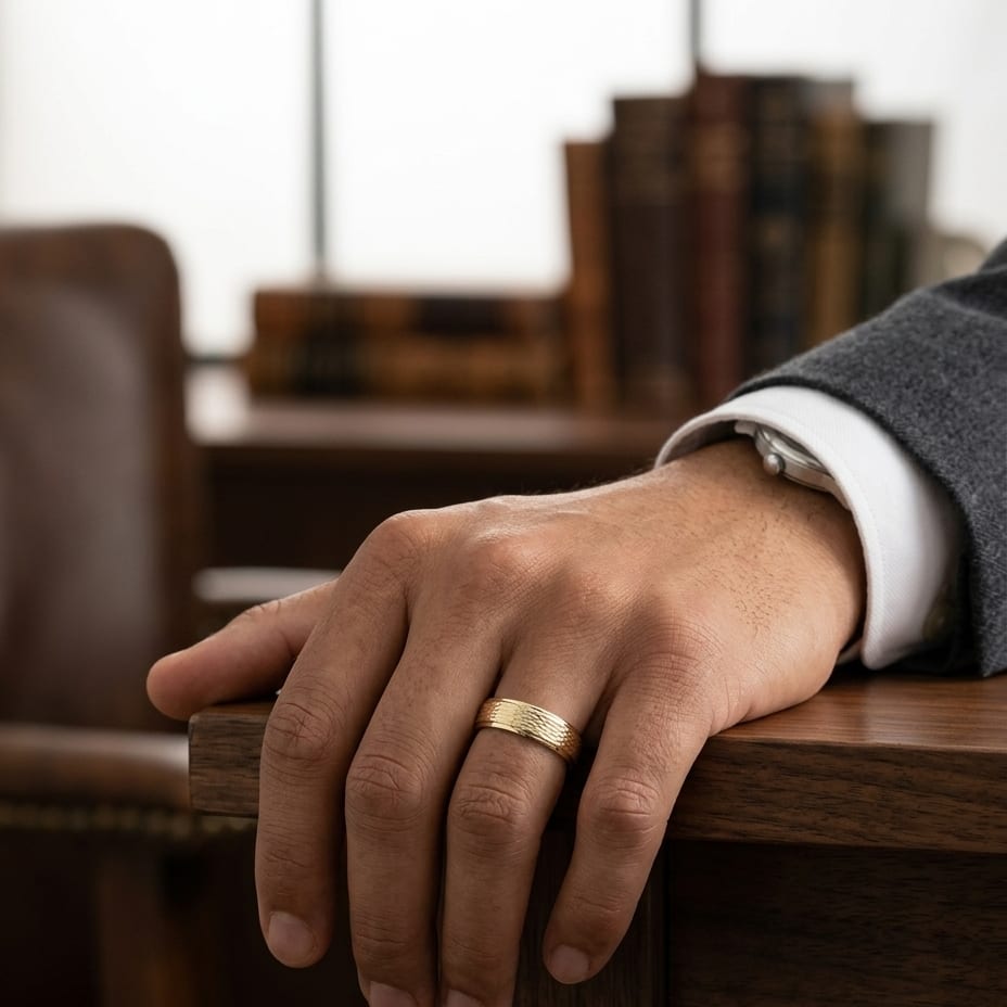 4.5mm Round Edge Mesh Center Carved Wedding Band in 14K Yellow Gold, worn on hand, masculine full view