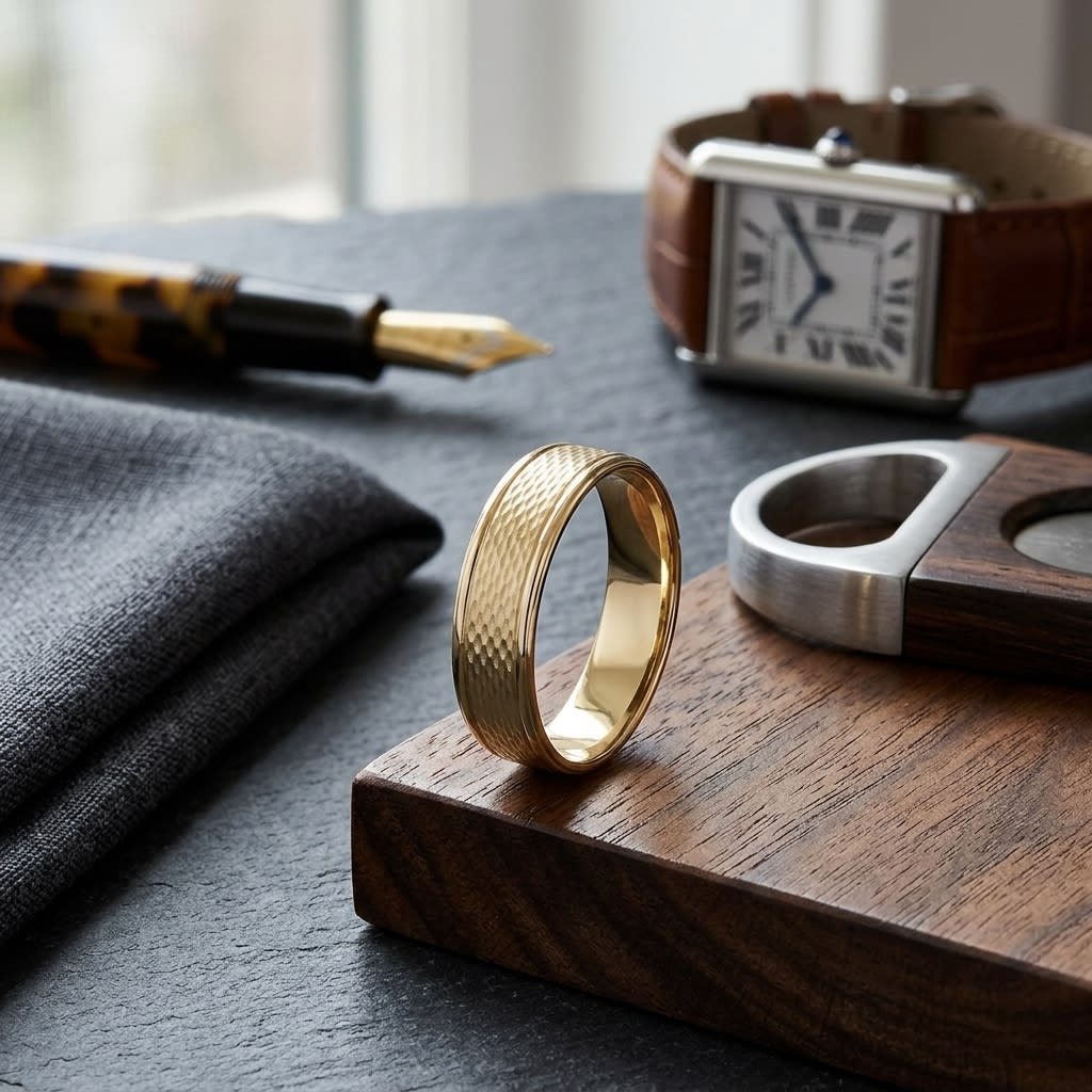 4.5mm Round Edge Mesh Center Carved Wedding Band in 14K Yellow Gold, on walnut surface with pocket square