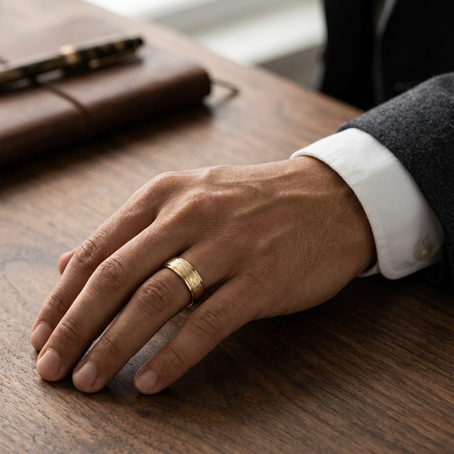 7.5mm Comfort-Fit Wedding Band in 14K Yellow Gold, worn on hand, masculine full view
