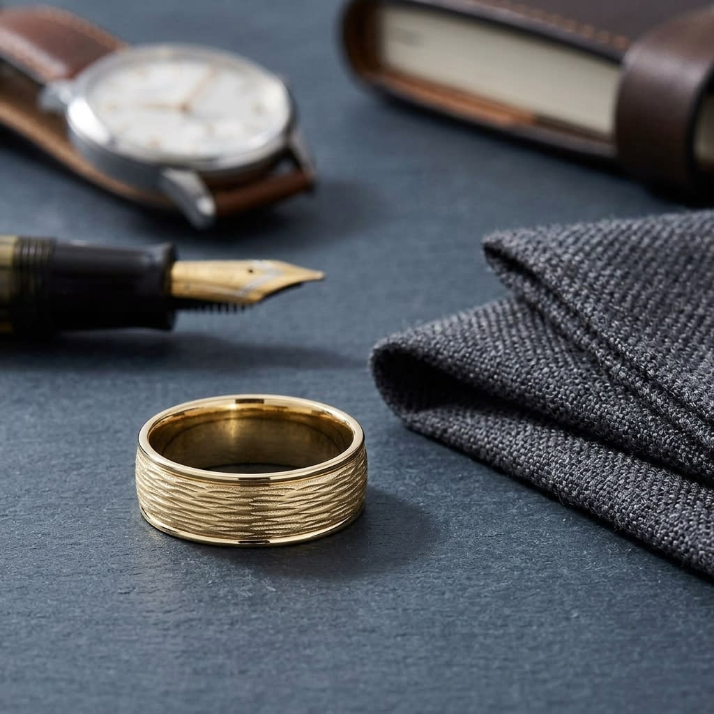 7.5mm Comfort-Fit Wedding Band in 14K Yellow Gold, on walnut surface with pocket square
