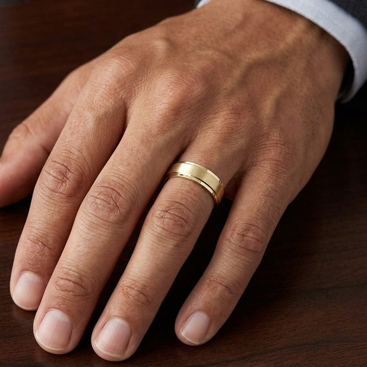 7mm Satin Finish Carved Wedding Band in 14K Yellow Gold, worn on hand, masculine close-up