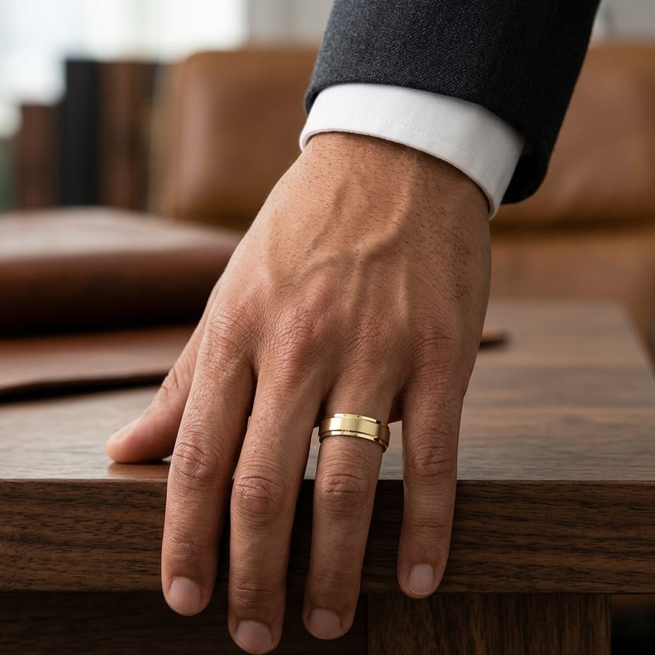7mm Satin Finish Carved Wedding Band in 14K Yellow Gold, worn on hand, masculine full view