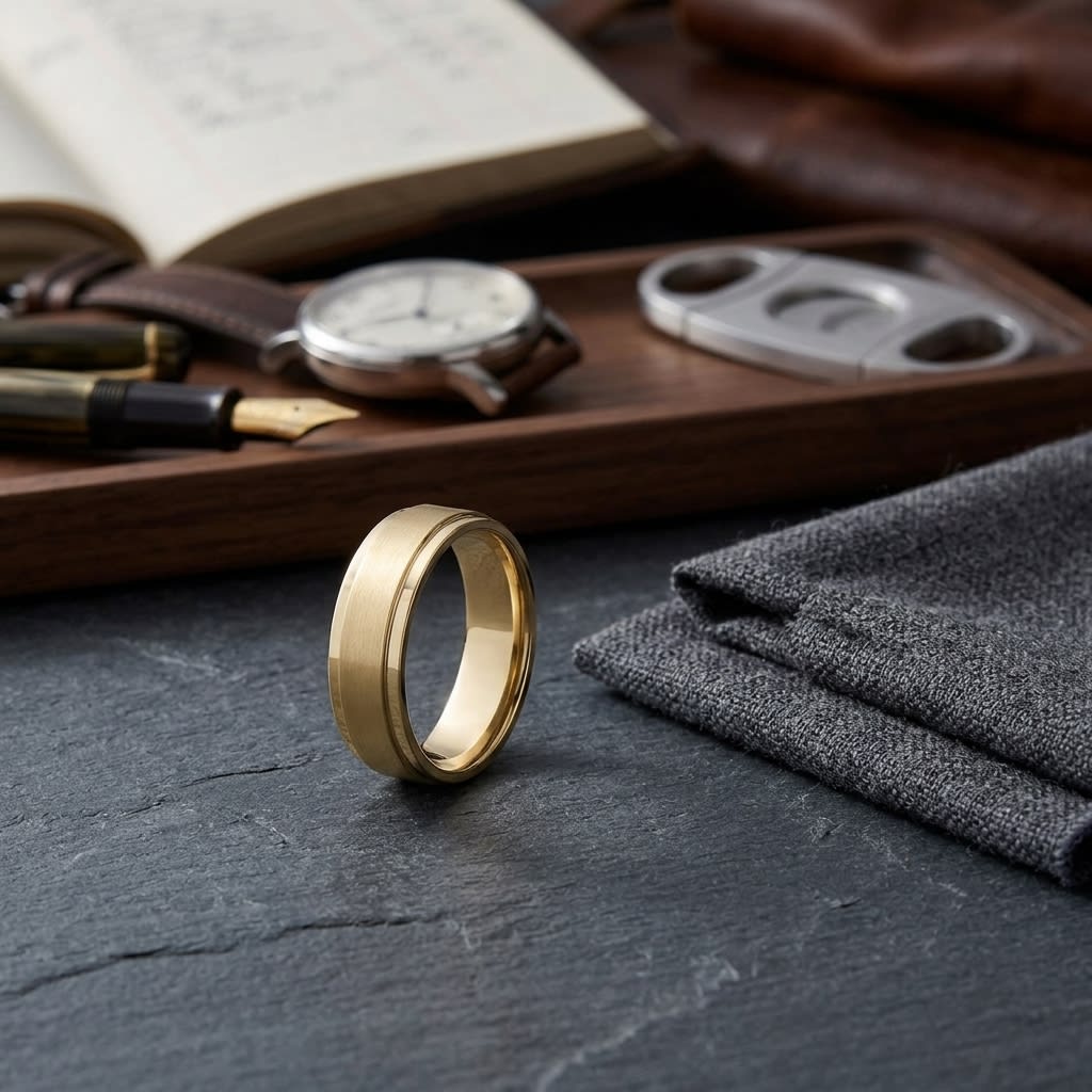 7mm Satin Finish Carved Wedding Band in 14K Yellow Gold, on walnut surface with pocket square