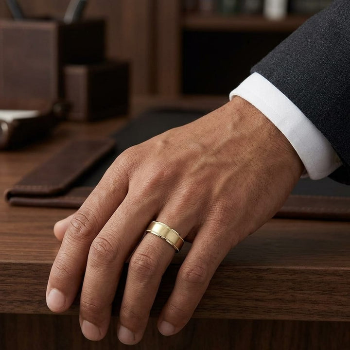 8mm Satin Finish Carved Wedding Band in 14K Yellow Gold, worn on hand, masculine full view