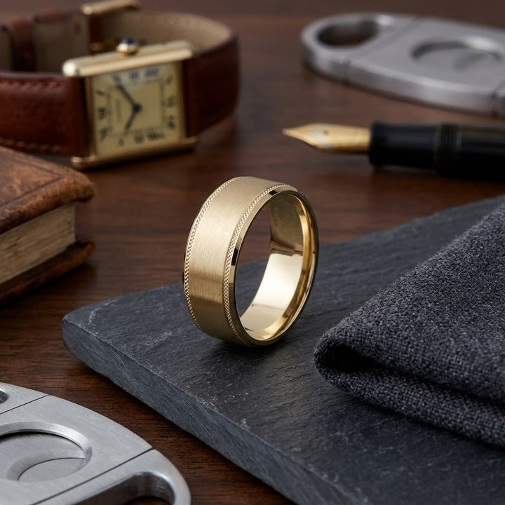 8mm Satin Finish Carved Wedding Band in 14K Yellow Gold, on walnut surface with pocket square