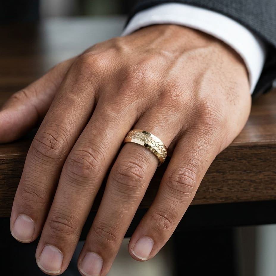 8mm Beveled Edge Treaded Carved Wedding Band in 14K Yellow Gold, worn on hand, masculine close-up