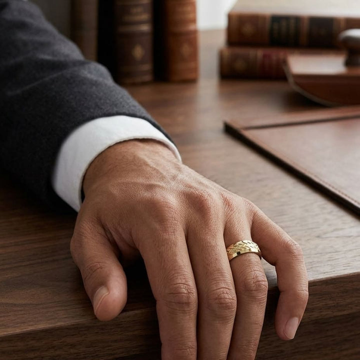 8mm Beveled Edge Treaded Carved Wedding Band in 14K Yellow Gold, worn on hand, masculine full view