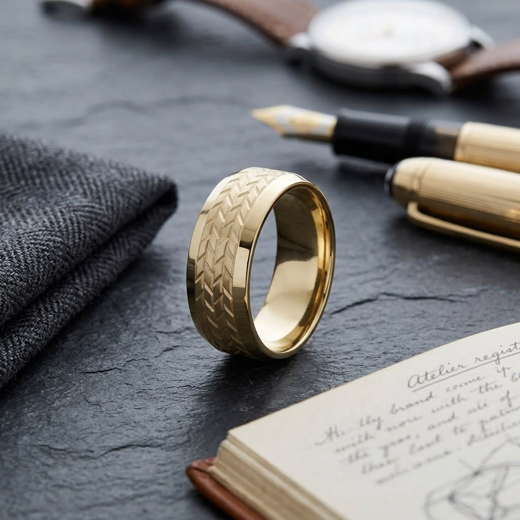 8mm Beveled Edge Treaded Carved Wedding Band in 14K Yellow Gold, on walnut surface with pocket square