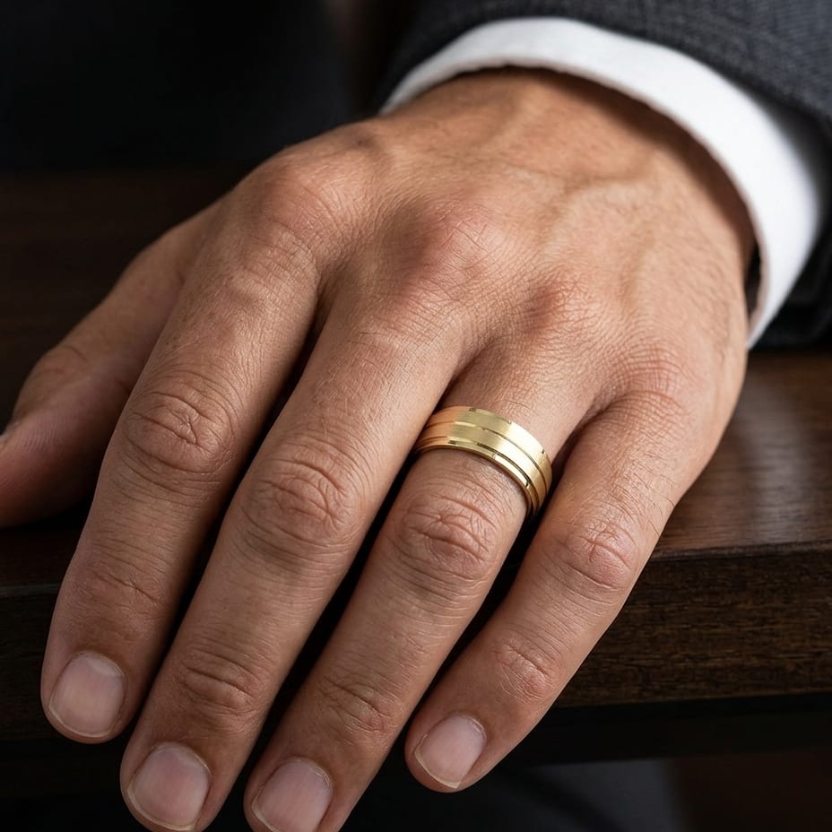 8mm Satin Finish Carved Wedding Band in 14K Yellow Gold, worn on hand, masculine close-up