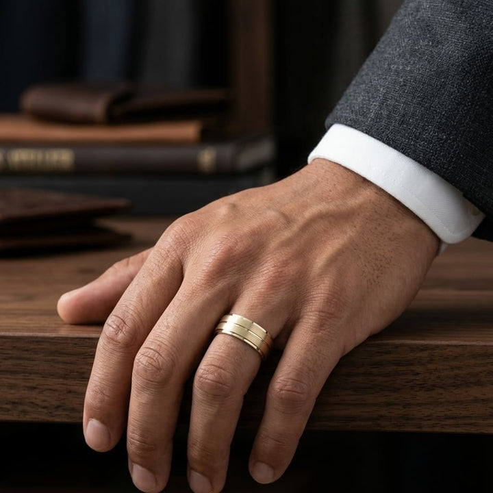 8mm Satin Finish Carved Wedding Band in 14K Yellow Gold, worn on hand, masculine full view