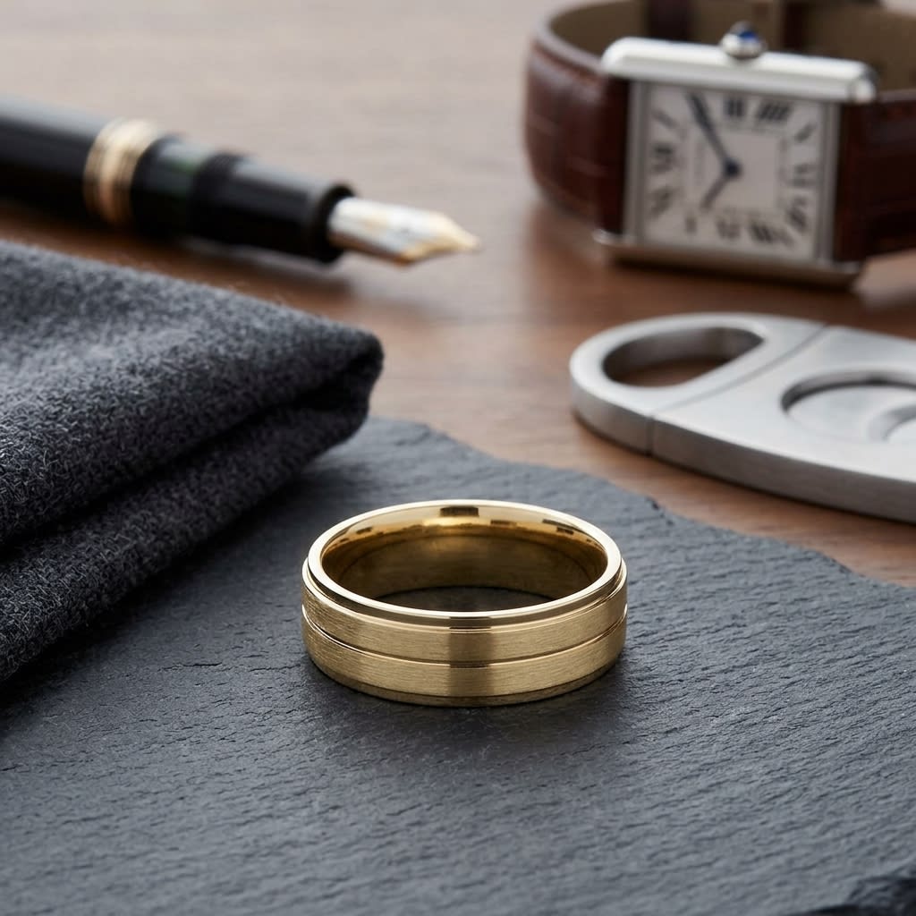 8mm Satin Finish Carved Wedding Band in 14K Yellow Gold, on walnut surface with pocket square