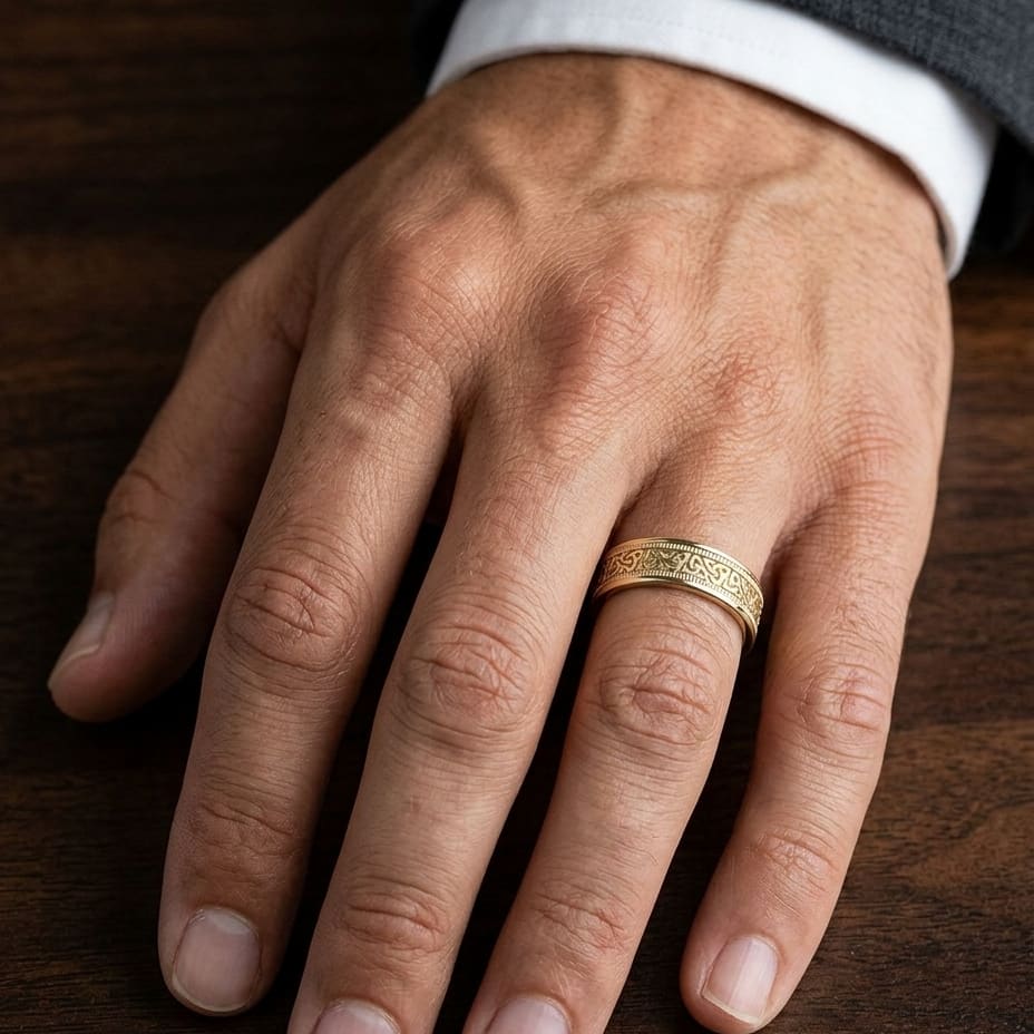 6mm Celtic Knot Carved Wedding Band in 14K Yellow Gold, worn on hand, masculine close-up