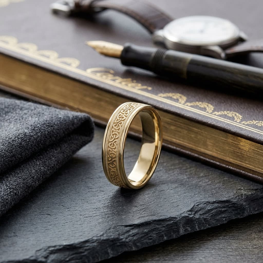 6mm Celtic Knot Carved Wedding Band in 14K Yellow Gold, on walnut surface with pocket square