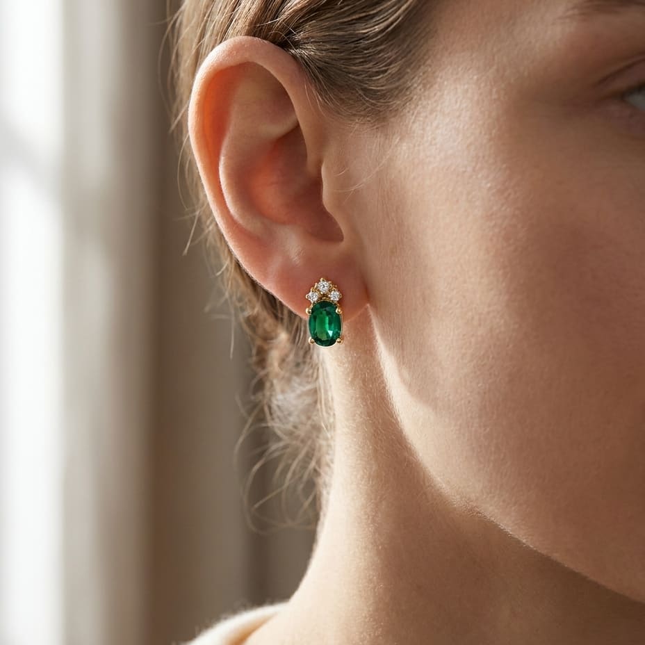 Created Emerald Round Brilliant Stud Earrings in 14K Yellow Gold, worn close-up portrait