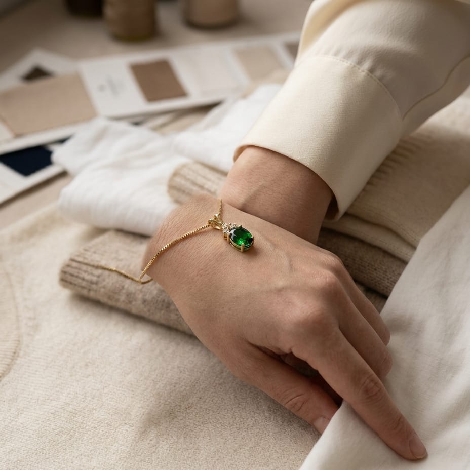 Created Emerald Pendant in 14K Yellow Gold, worn on hand, full view