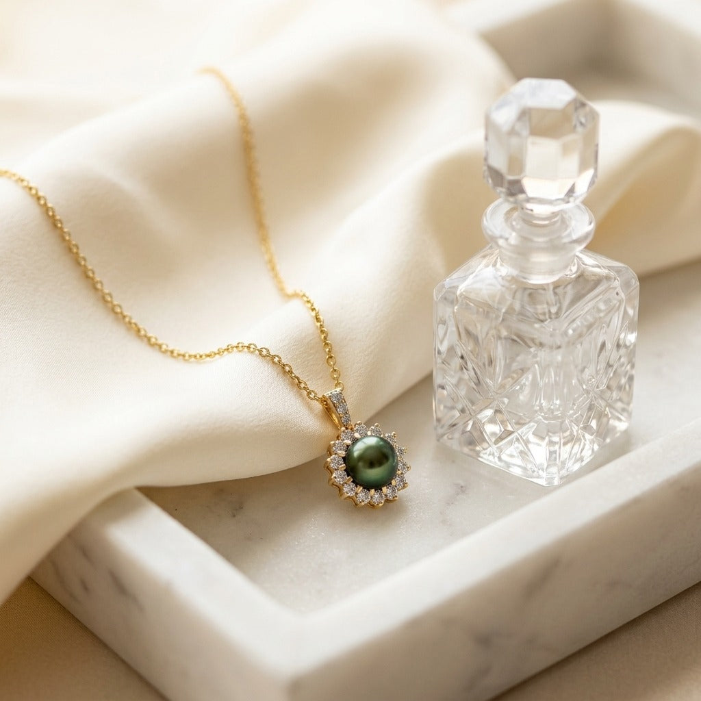 Black Tahitian Pearl & Diamond Prong Halo Pendant in 14K Yellow Gold - editorial
