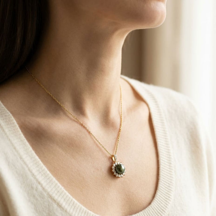 Pearl and Diamond Halo Pendant in 14K Yellow Gold, 0.76ct, worn close-up portrait