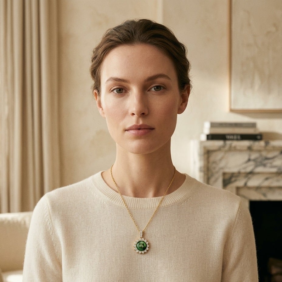 Black Tahitian Pearl & Diamond Prong Halo Pendant in 14K Yellow Gold - lifestyle