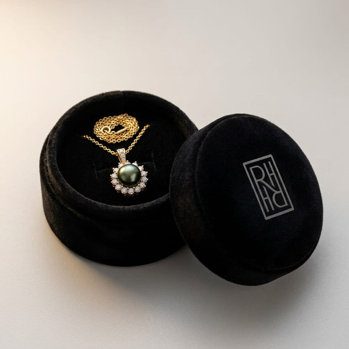 Pearl and Diamond Halo Pendant in 14K Yellow Gold, 0.76ct, in navy velvet jewelry box