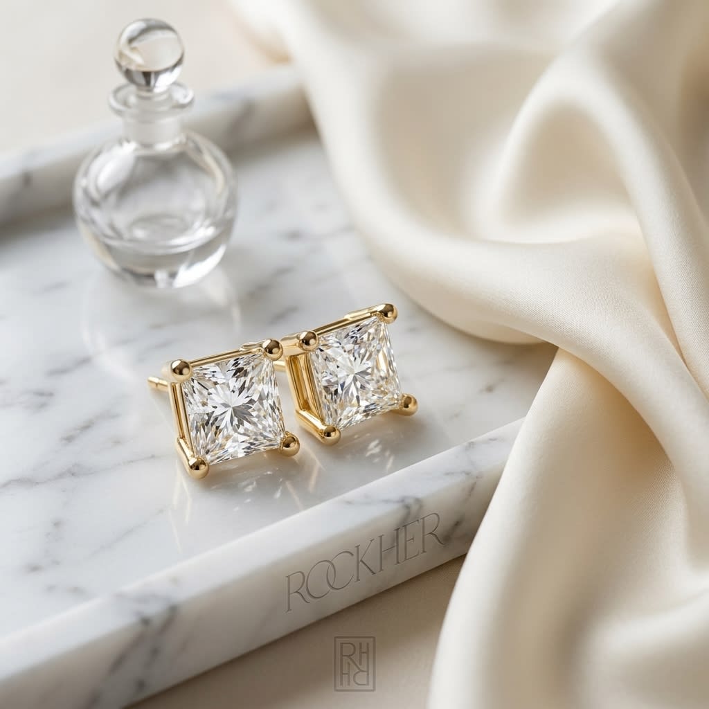 14k Yellow Gold 4-prong Princess Diamond Stud Earrings (0.32 Ct. T.w., Si1-2 Clarity, H-i Color), on marble vanity tray with silk