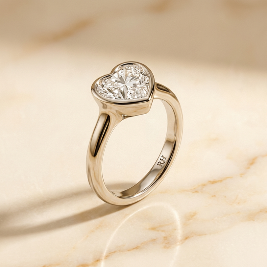 The Agnes Select bezel solitaire heart engagement ring in 18k white gold — alt-angle hero — RockHer