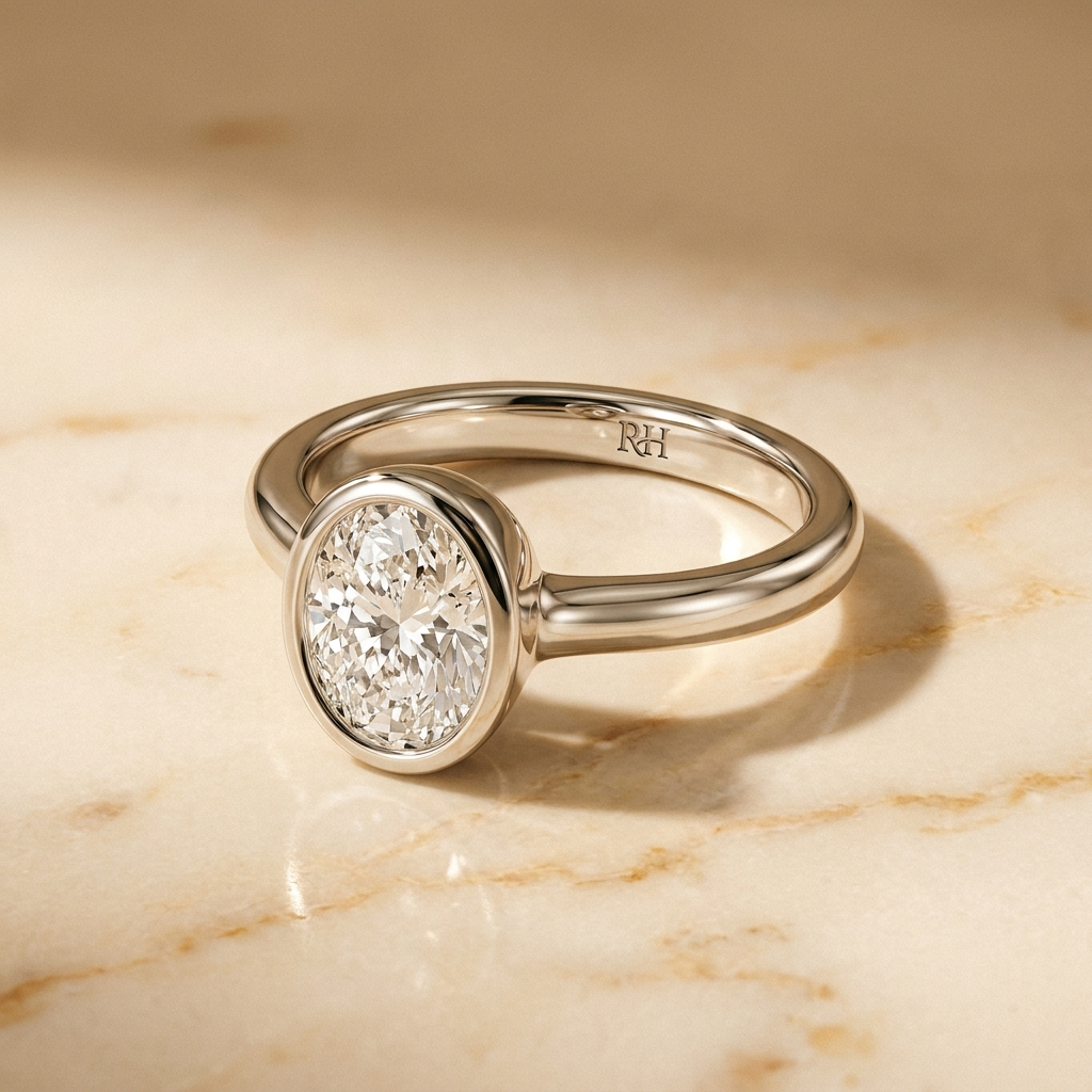 The Agnes Select bezel solitaire oval engagement ring in platinum — alt-angle hero — RockHer