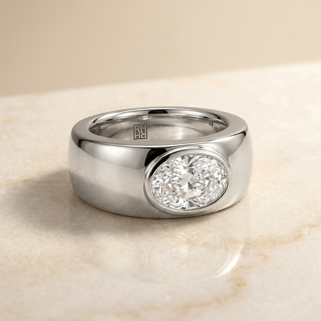 The Remi — Bezel-Set Cigar Band Oval in 18K White Gold