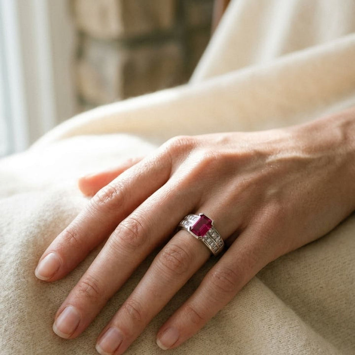 Emerald-Cut Ruby Center & Princess Cut Channel Set Diamond Shank in Platinum - lifestyle