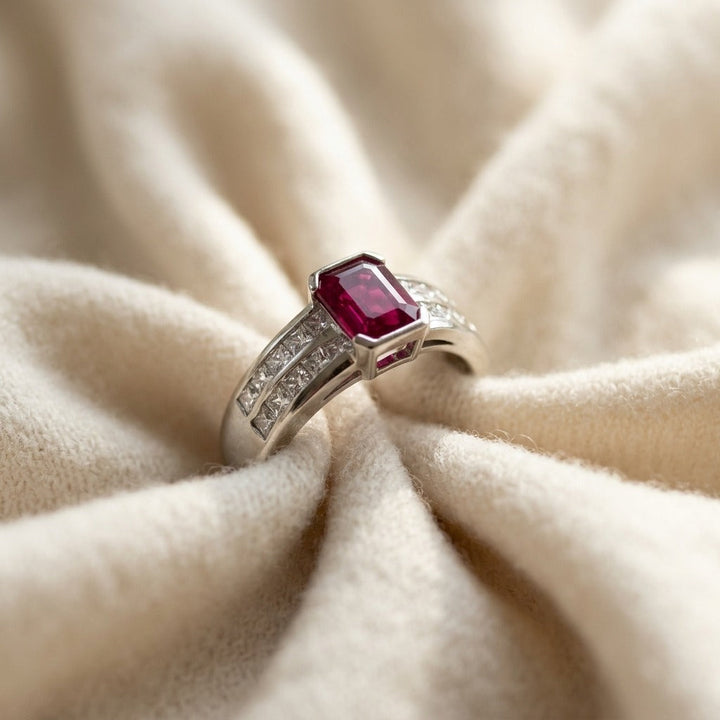 Emerald-Cut Ruby Center & Princess Cut Channel Set Diamond Shank in Platinum - flat lay
