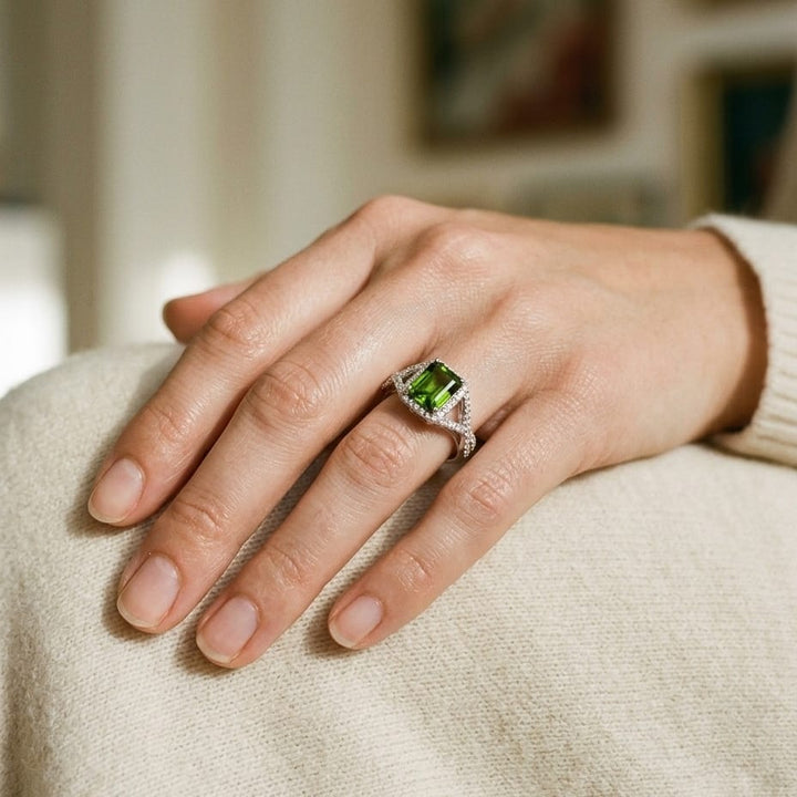 Peridot & Diamond Infinity Twist Ring in Platinum - lifestyle