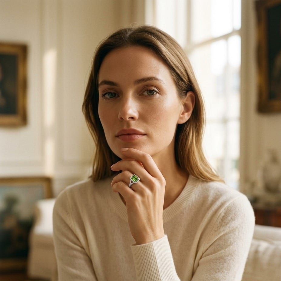 Peridot & Diamond Infinity Twist Ring in Platinum - on model