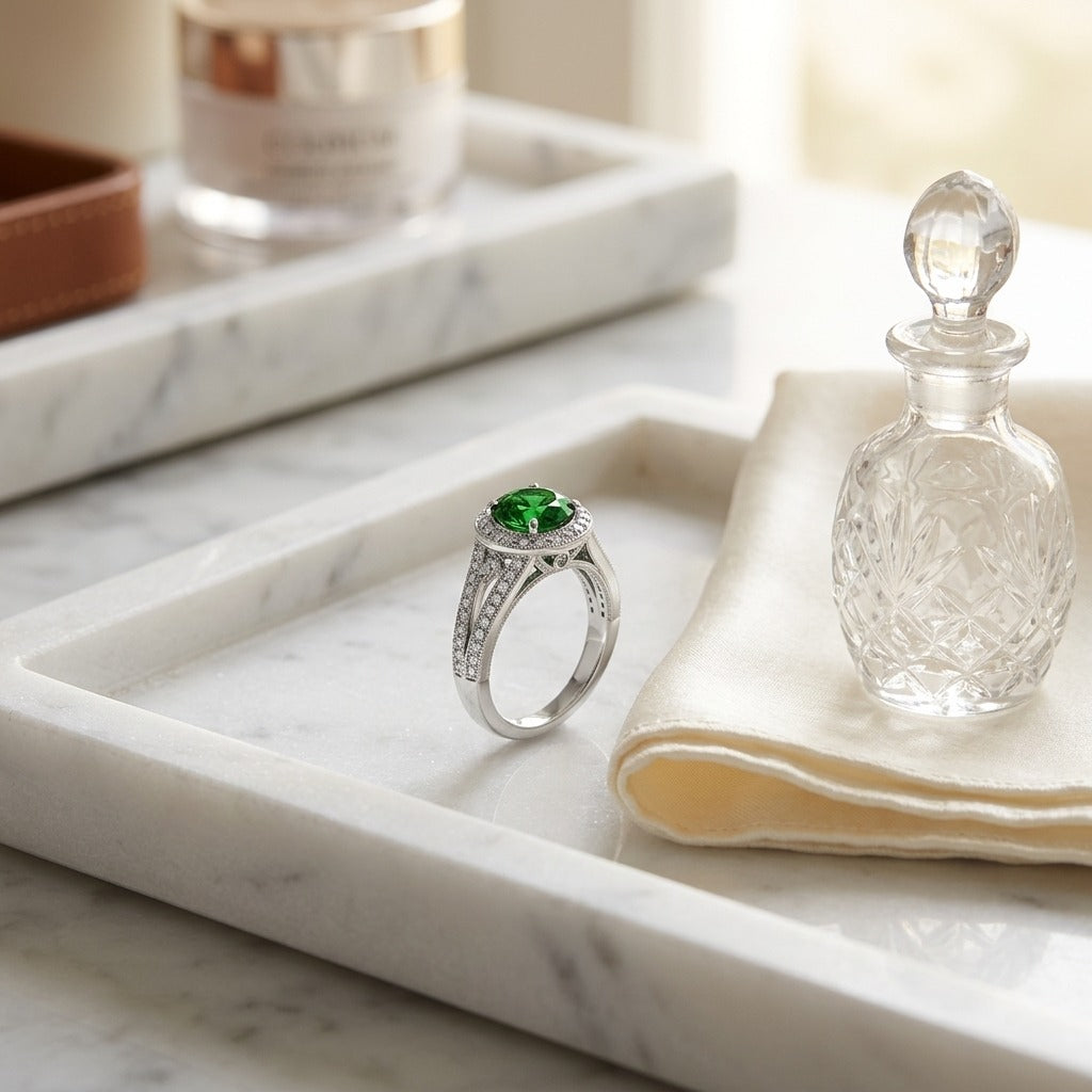 Green Tourmaline & Diamond Halo Split Shank Chevron Ring in Platinum - editorial