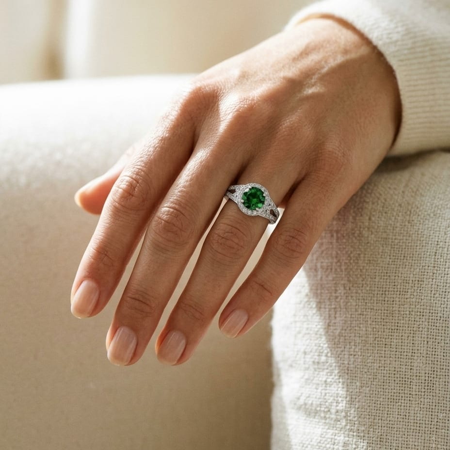 Green Tourmaline & Diamond Halo Split Shank Chevron Ring in Platinum - lifestyle