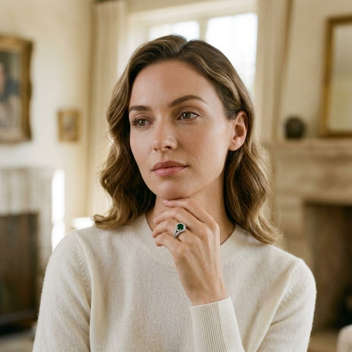 Green Tourmaline & Diamond Halo Split Shank Chevron Ring in Platinum - on model