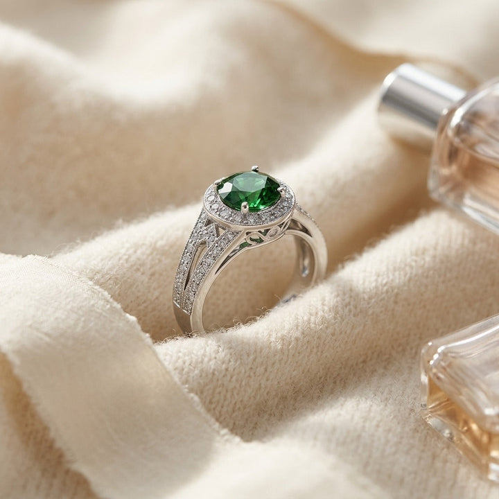 Green Tourmaline & Diamond Halo Split Shank Chevron Ring in Platinum - flat lay