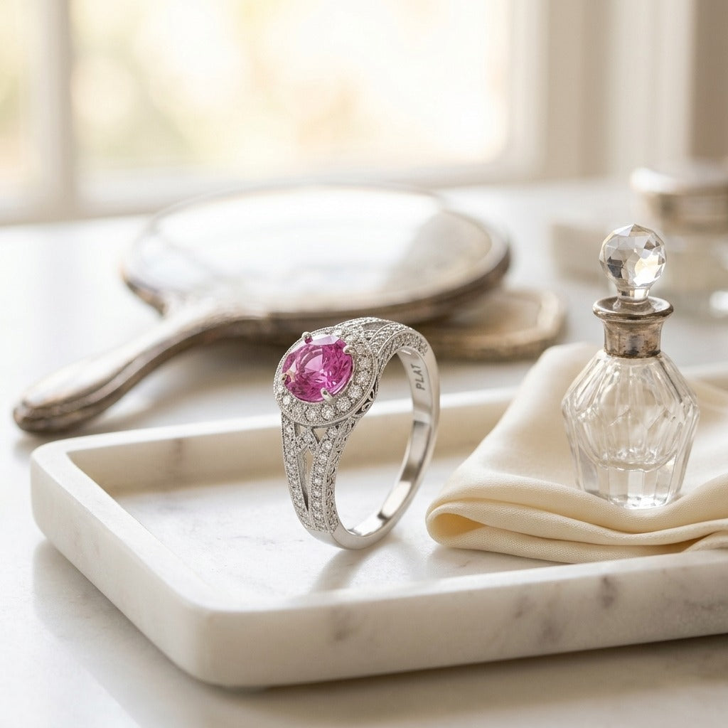 Pink Sapphire & Diamond Halo Split Shank Chevron Ring in Platinum - lifestyle