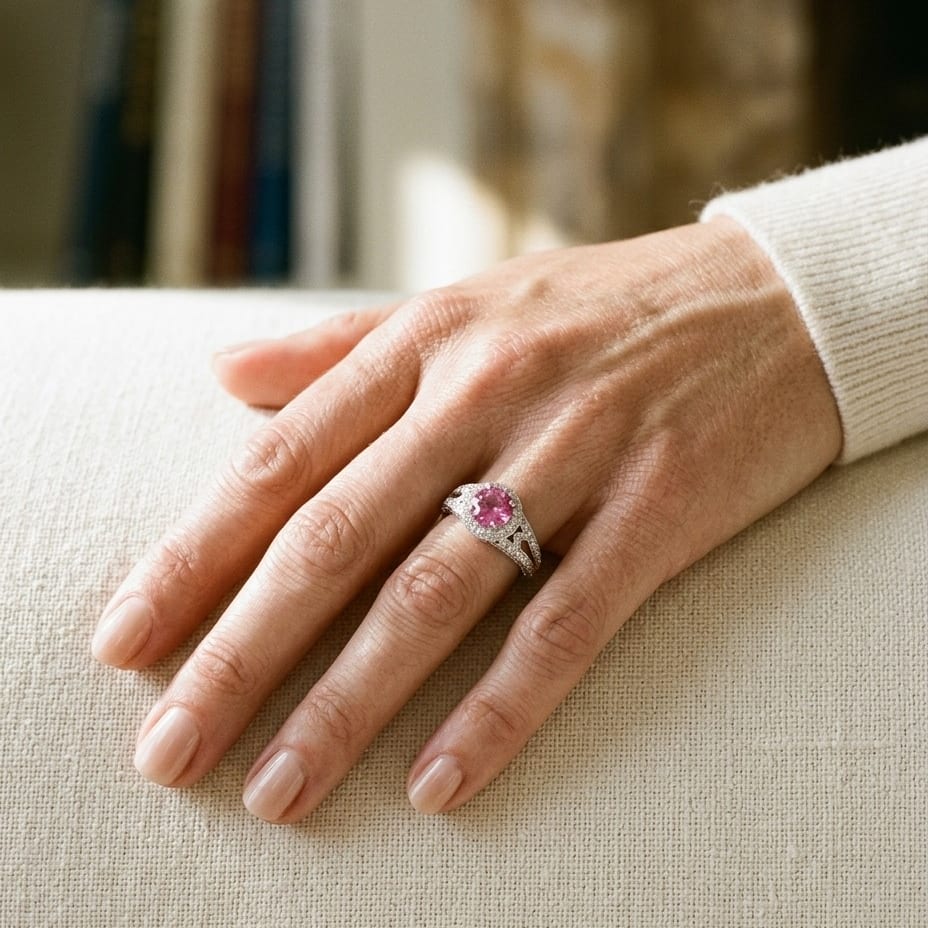 Pink Sapphire & Diamond Halo Split Shank Chevron Ring in Platinum - editorial