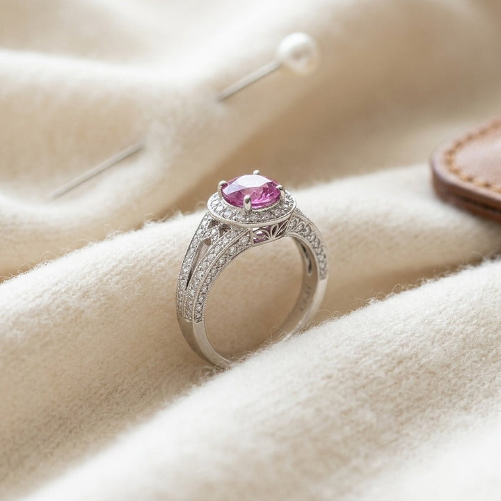 Pink Sapphire & Diamond Halo Split Shank Chevron Ring in Platinum - flat lay