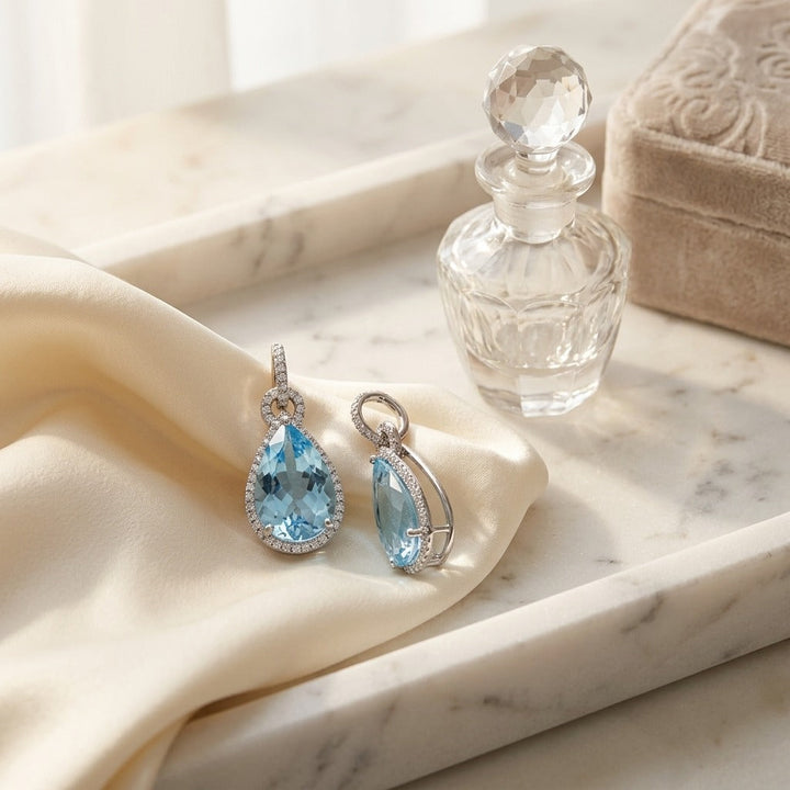 Aqua & Diamond Handmade Teardrop Pendant in Platinum - lifestyle