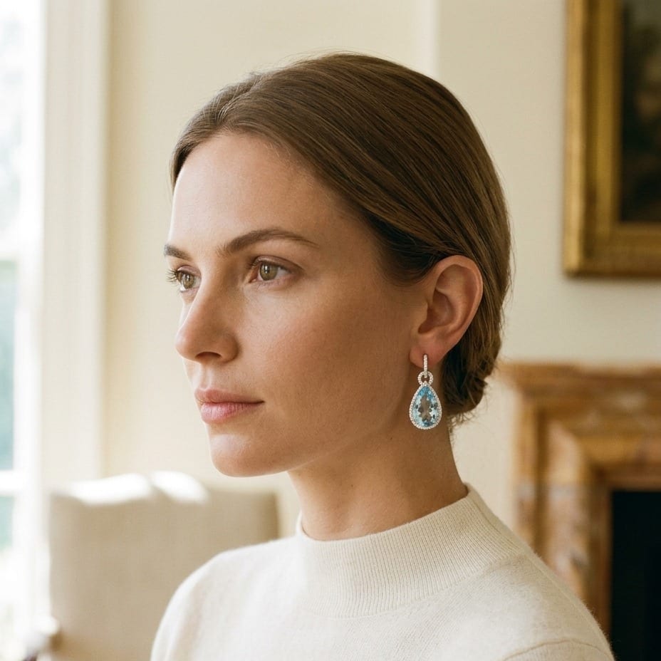 Aqua & Diamond Handmade Teardrop Pendant in Platinum - editorial